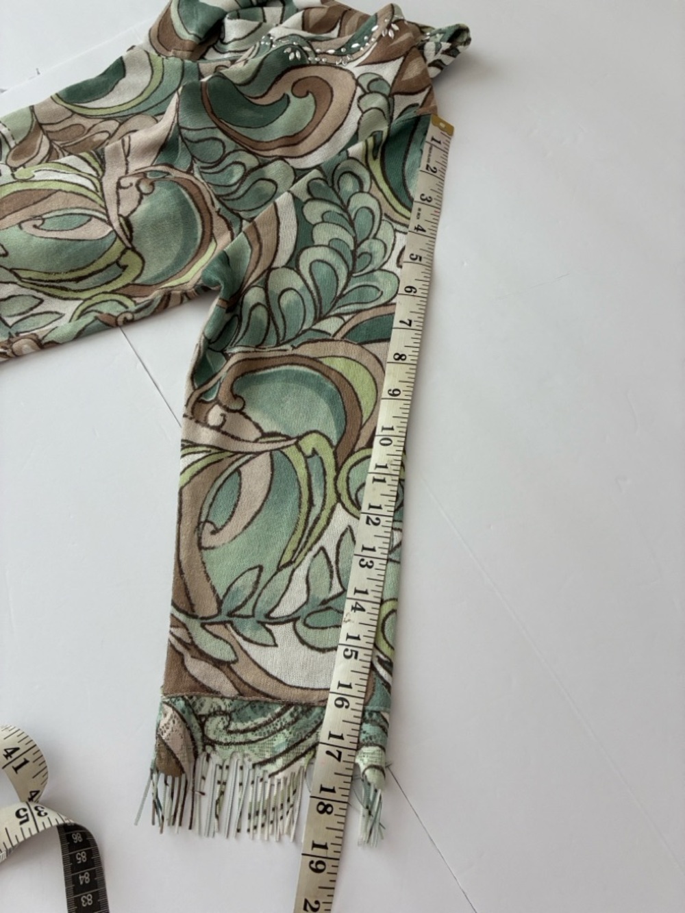 Alfred Dunner Boho Embellished Green and Brown Swirl Patterned Fringe Hem Blouse - Picture 6 of 9